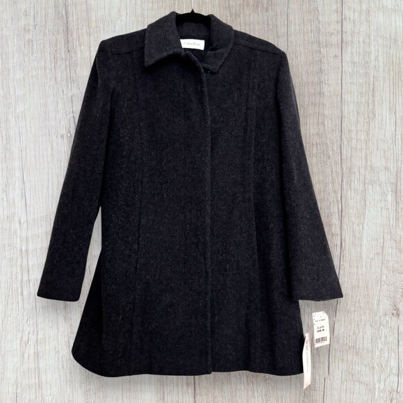 NWT Calvin Klein Vintage USA Charcoal Gray Hidden Button Merino Wool Coat 6 RARE - Picture 1 of 9